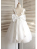 V Neckline Ivory Lace Tulle Knee Length Flower Girl Dress